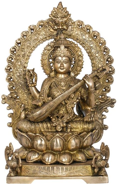 Goddess Saraswati Seated On Lotus Seat With Kirtimukha Aureole