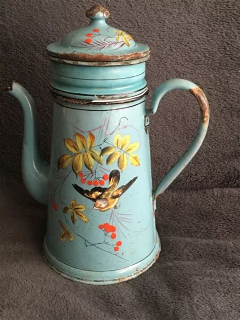 ANCIENNE CAFETIÈRE ÉMAILLÉE complète à décor de fleurs oiseau en