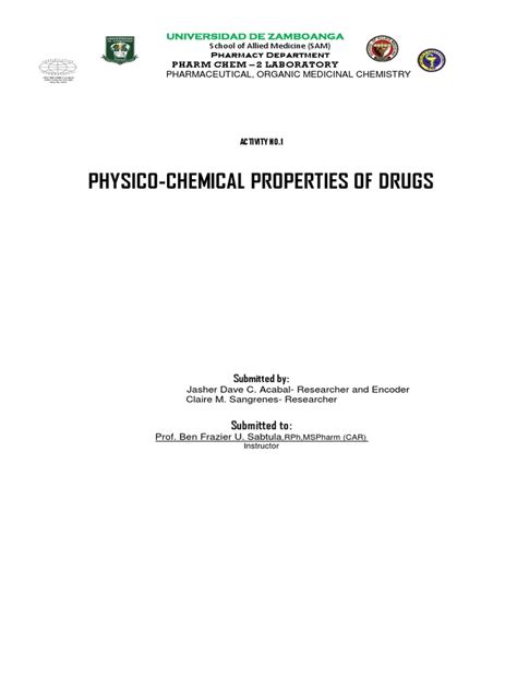 Activity 1 Physico Chemical Properties Of Drugs By Jasher Dave C