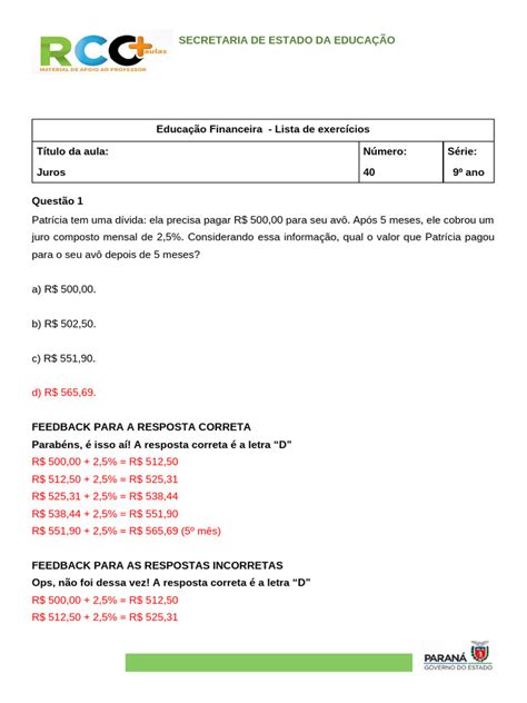 Juros Compostos Exercícios 9 Ano - Exercícios de Juros Compostos para 9º Ano | PDF