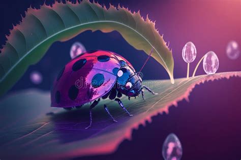 Close Up Of A Mysterious Ladybug On A Leaf With Dew Drops Generative