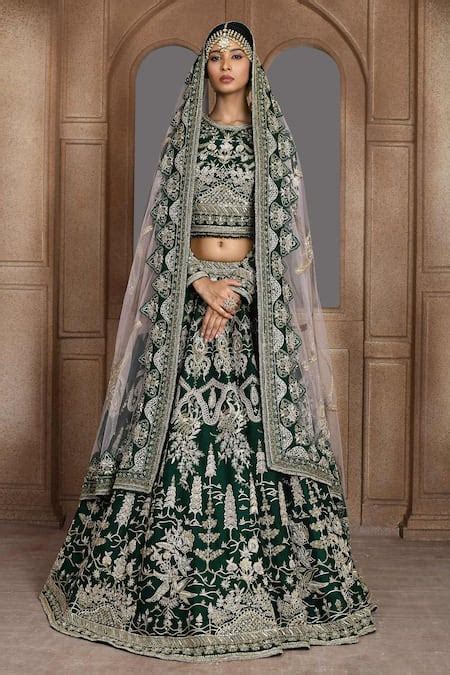 Buy Green Raw Silk Embroidery Zari Thread Royalty Bridal Lehenga Set