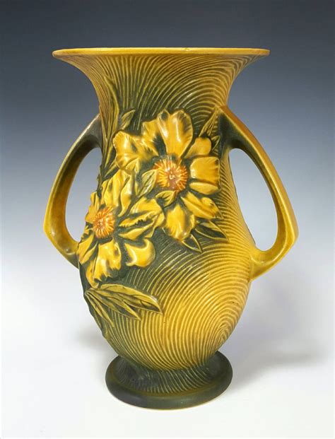 Roseville Pottery Peony Vase 66 10 Yellow And Green Double Etsy