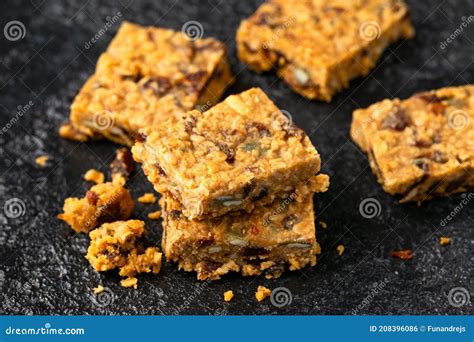 Healthy Protein Granola Flapjack Snack Bars With Seeds And Nuts Stock