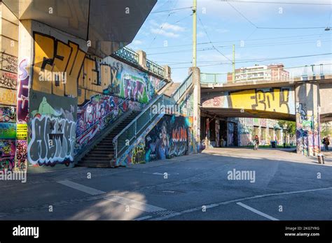 Street Art And Graffiti On The Walls By The Danube Canal In Vienna