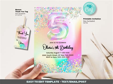 Editable 5th Birthday Invitation Template Printable Glitter Iridescent Invitation Holographic