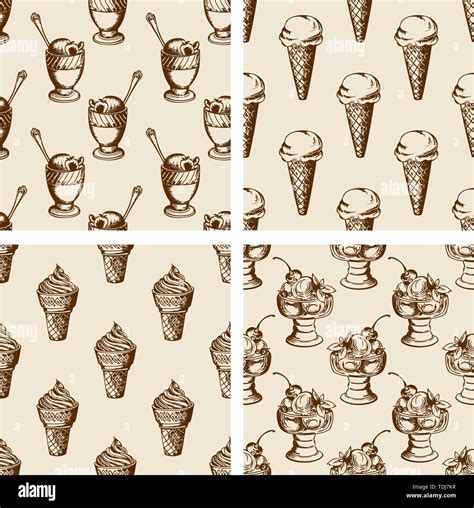 Vintage Seamless Patterns With Different Ice Cream Hand Drawn Vector