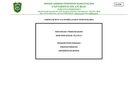 Revisi Rps Psikologi Klinis Yayasan Lembaga Pendidikan Islam Ylpi