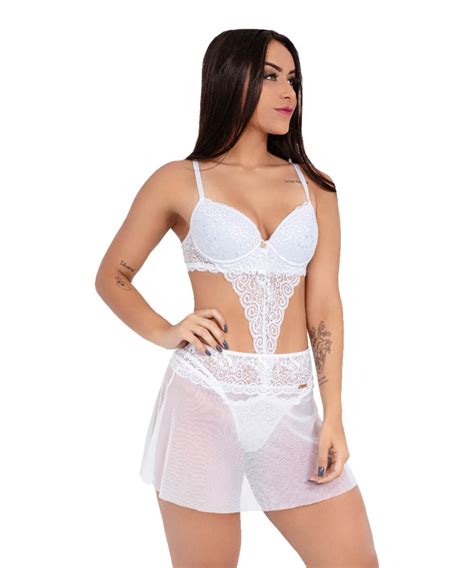 Conjunto IMI Lingerie Sutiã Calcinha Fio e Saia Renda Tule Hari Branco Compre Agora Dafiti