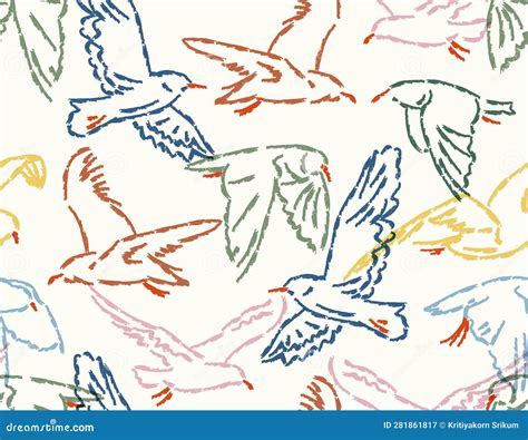 Artistic Line Cute Seagull Bird Seamless Pattern Illustration Vector By