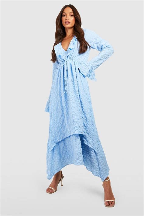 Tall Ruffle Plunge Seersucker Textured Boho Midaxi Boohoo Uk