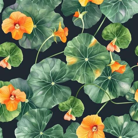 Premium Photo Watercolor Nasturtium Flowers With Leaves Seamless Pattern