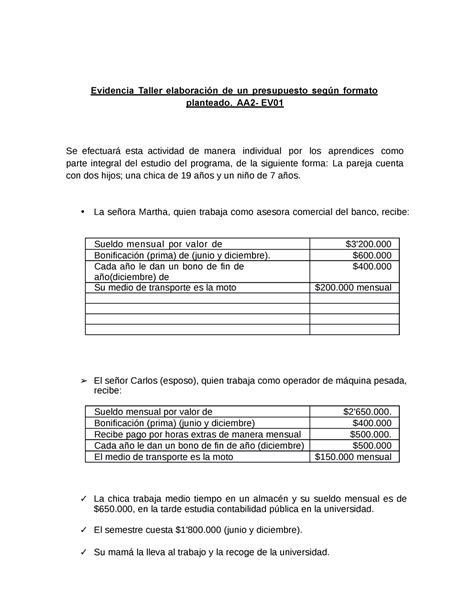 Evidencia Taller Elaboraci N De Un Presupuesto Seg N Formato Planteado