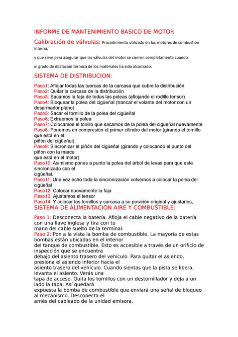 Informe De Mantenimiento Basico De Motor Informe De Mantenimiento