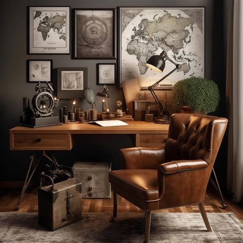 Premium Ai Image Masculine Home Office With Leather Armchair And