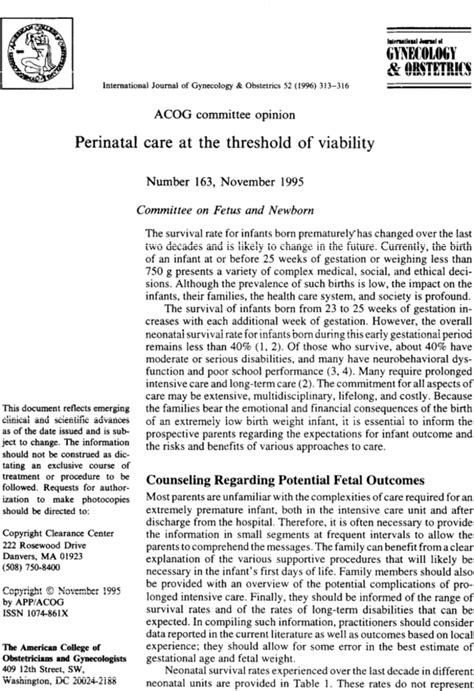 Perinatal Care At The Threshold Of Viability 1996 International