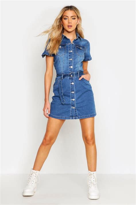 Womens Denim Belted Short Sleeve Dress Blue Short Sleeve Dress