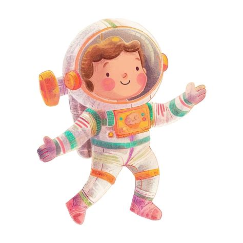 Um desenho de uma criança em um fato de astronauta um chapéu