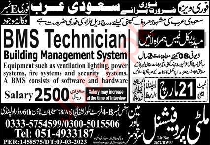 Bms Technician Saudi Arabia Jobs Job Advertisement Pakistan