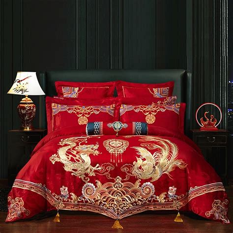 Red Phoenix For Happy Wedding Embroidered Duvet Cover Set Satin Jacqu