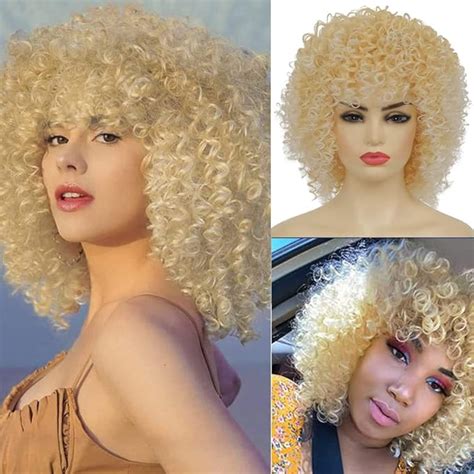 Amazon Amnenl Ombre Blonde Afro Kinky Curly Wig With Bangs For Women Heat Resistant