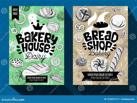 Food Poster Bakery Cards Set Sketch Style Modern Sketch Elements