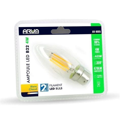 Lot De 5 Ampoules Led Flamme Filament 4w Eq 40w Culot B22 Blanc Chaud 2700k