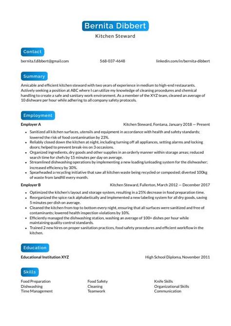 Kitchen Steward Resume (CV) Example and Writing Guide