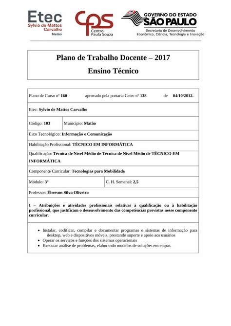 PDF Plano de Trabalho Docente 2017 Ensino Técnico Plano de Trabalho