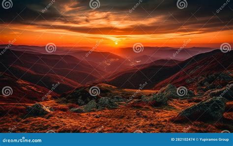 Tranquil Mountain Landscape Majestic Peak Backlit By Sunset Sky