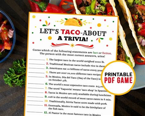 Cinco De Mayo Taco Trivia Mexican Fiesta Printable Games Tacos Fact Or