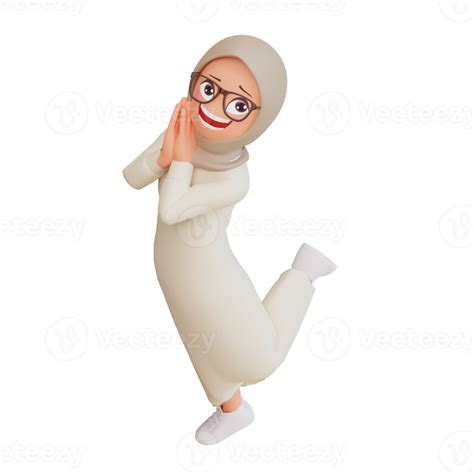 Young Muslim Woman Smiling Posing Happy 3d Cartoon Illustration