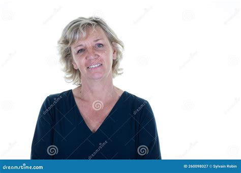 Pretty Beautiful Senior Smiling Happy Woman Mature In Blue Dress Over