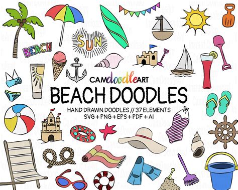 37 Beach Doodles Vector Pack, Hand Drawn Doodle Clipart ,beach Clipart, Summer Clipart, Sketch ...