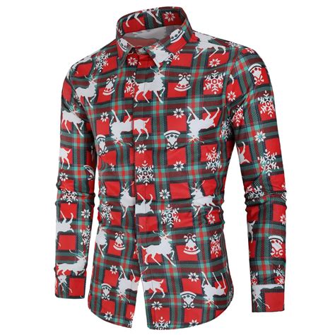 Loldeal Christmas Blouse Man Printed Long Sleeved Shirt Button Down Dress Shirt Kerst Blouse