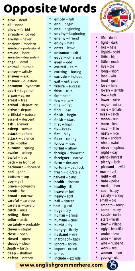 Most Important Opposite Antonym Words List English Grammar Here