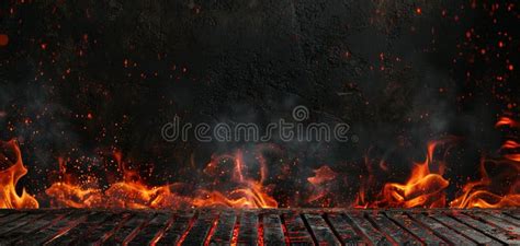 Hot Empty Portable Barbecue BBQ Grill With Flaming Fire And Ember Charcoal On Black Background