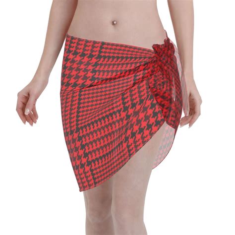 Coaee Red Black Houndstooth Women S Short Sarongs Beach Wrap Sheer Bikini Wraps Chiffon Cover