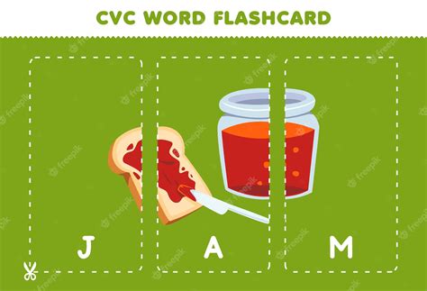 귀여운 만화 Jam 일러스트 인쇄용 플래시 카드로 자음 모음 자음 단어를 배우는 어린이를 위한 교육 게임 프리미엄 벡터