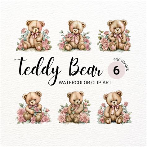 Teddy Bear With Roses Clipart Watercolor Bear Png Nursery Wall Art Baby