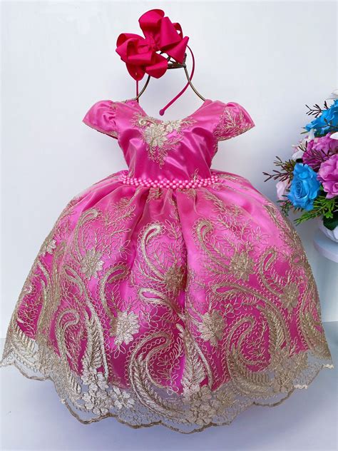 Vestido Infantil Pink Renda Realeza Dourada Cinto P Rola Rosa