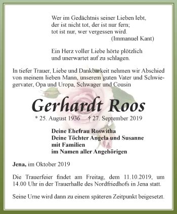 Traueranzeigen Von Gerhardt Roos Trauer In Thueringen De