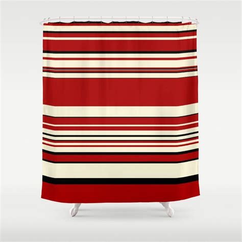 A Red Shower Curtain With Black And White Stripes