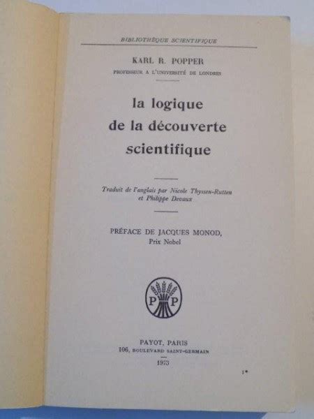 LA LOGIQUE DE LA DECOUVERTE SCIENTIFIQUE De KARL R POPPER 1973