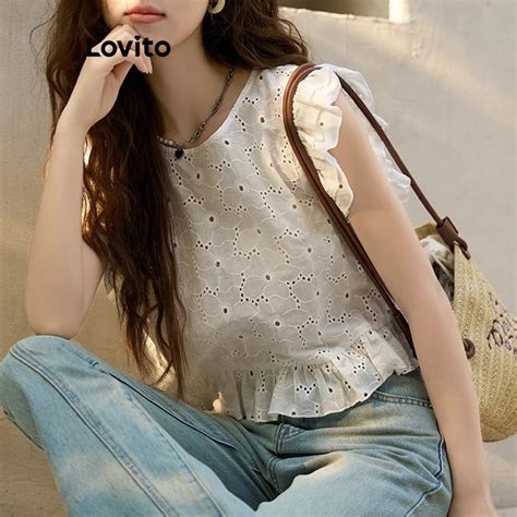 Lovito Casual Plain Eyelet Embroidery Ruffle Tank Top For Women