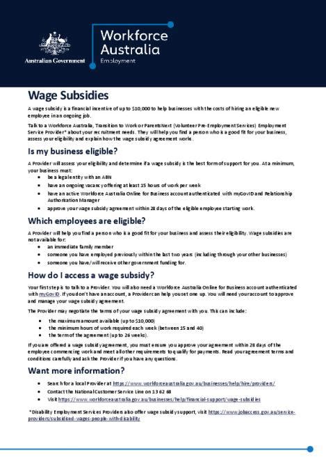 Wage Subsidies Department Of Employment And Workplace Relations