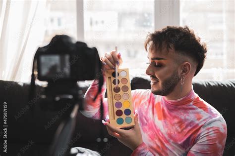 A Gay Man Showing Makeup In Live Video Streaming On Social Media With A