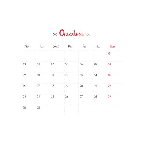 2023 Calendario Octubre Mes Vector Png 2023 Calendario Octubre Png Y Vector Para Descargar