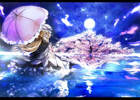 Blonde Hair Cherry Blossoms Clouds Dress Flowers Hat Kataru Ubw Emiya Moon Night Sky Stars