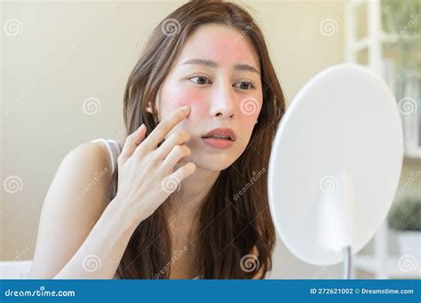 Dermatology Puberty Asian Young Woman Girl Looking Into Mirror